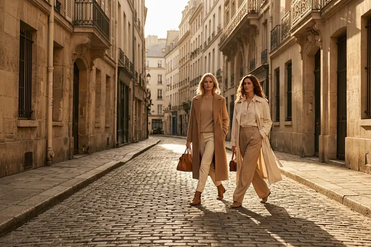 Two models walking a sunlit city street for a campaign shoot