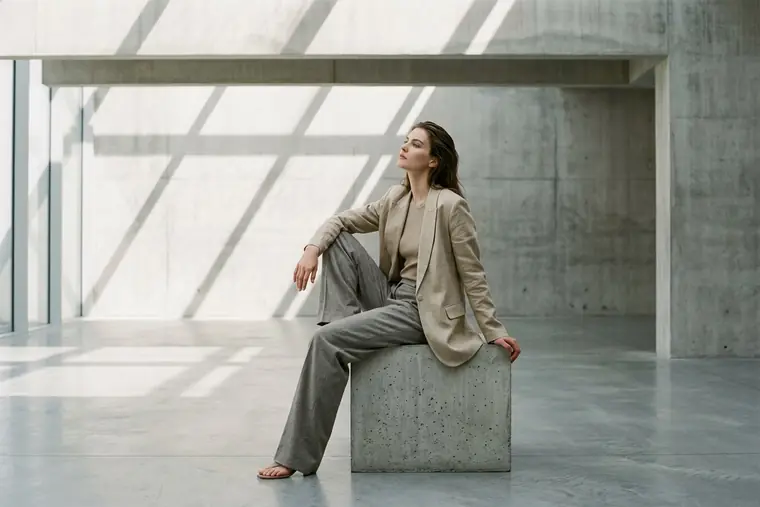 Model posing on a concrete plinth in a bright gallery